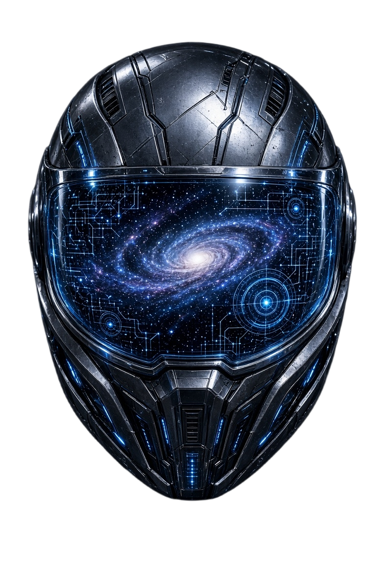 Helmet visor reflecting a spiral galaxy